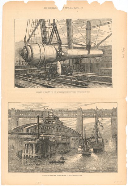Illustrations of the opening of the new Swing Bridge and the shipment of a 100-ton gun at the Elswick Works, 29 July 1876