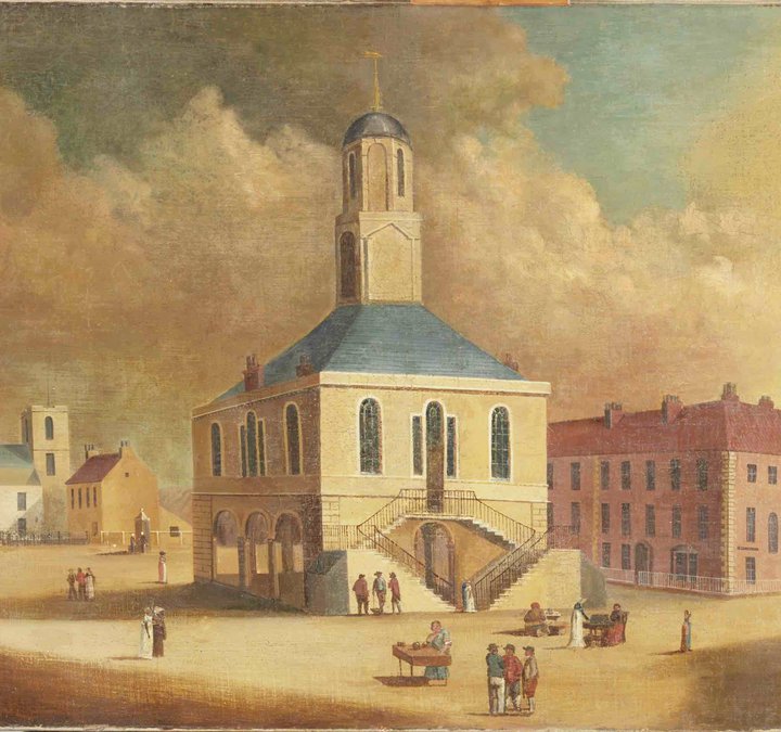 Far side of the square is St Hilda's Church (about 1800), shown as it looked before it was remodelled in 1810. Women in the Market Place are dressed in the fashions of about 1800 to 1810.