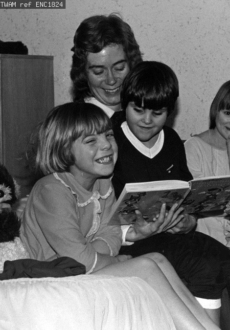 Children enjoying a bedtime story at the Royal Victoria School for the Blind, Newcastle upon Tyne, 1982 