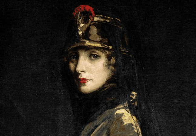 An oil painting of a woman in black and gold dress and headpiece.