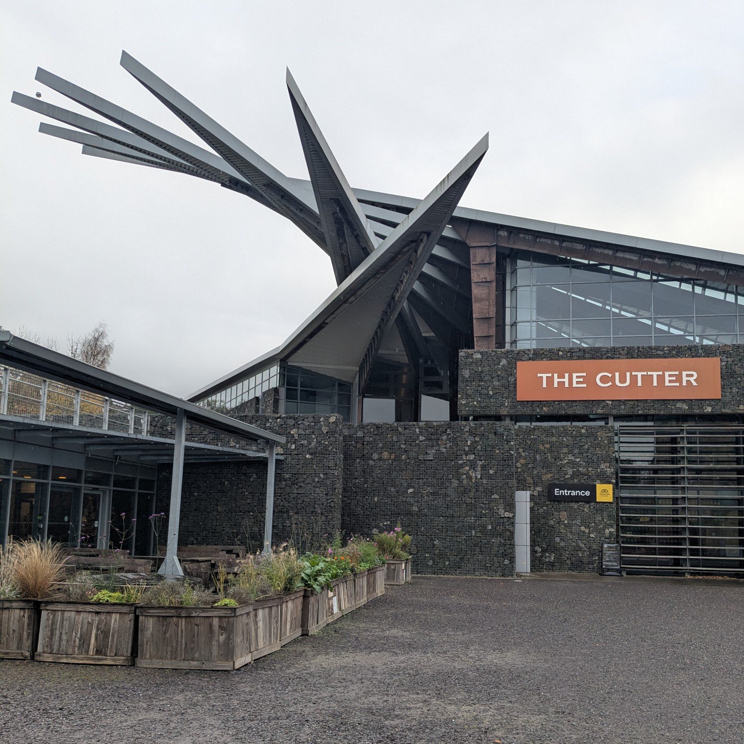 Outside Woodhorn Museum's main building. The steel roof is designed to look like a coalmining cutting machine.