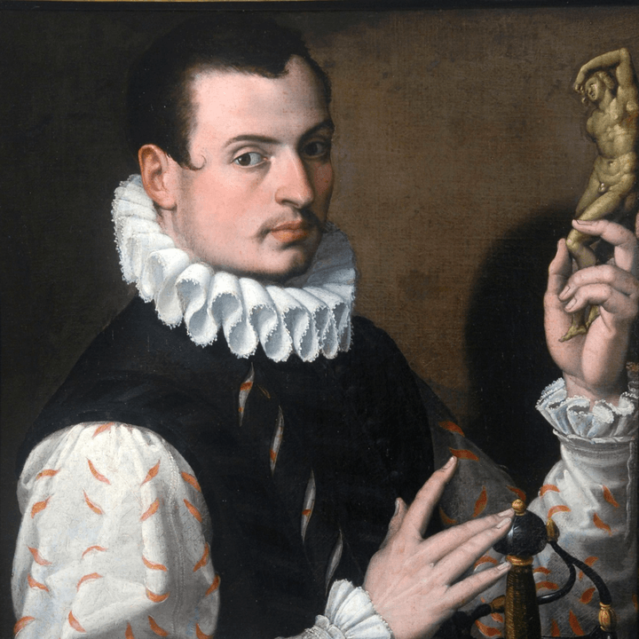 An oil painting of a young man holding a statuette