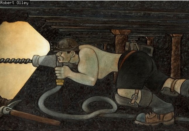 Painting of topless miner drilling the coalface