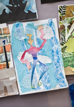 Several collages made by children featuring graphic interpretations of the human form. 