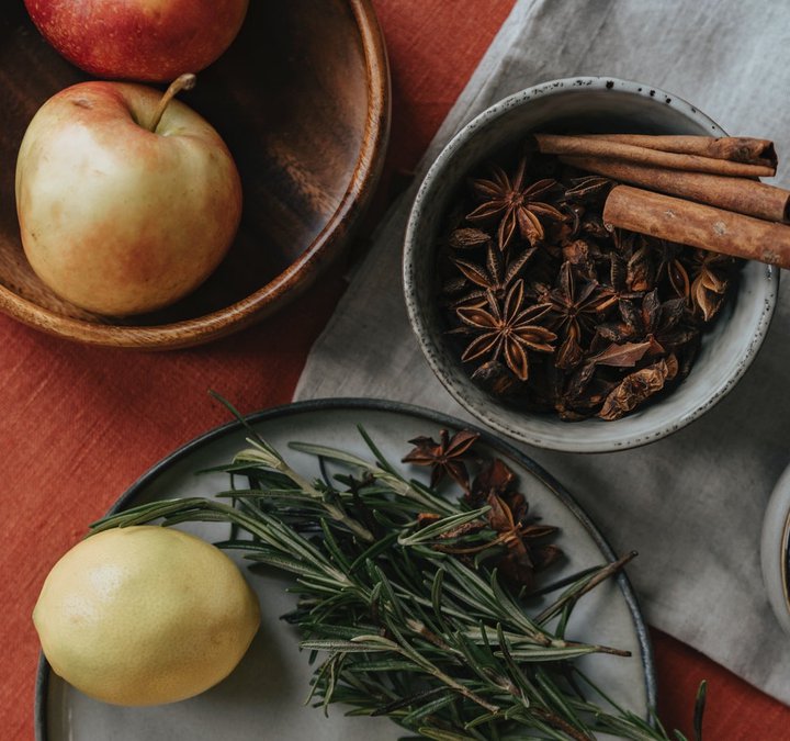 Spices, an apple and a lemon.