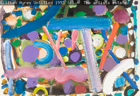 An abstract painting, made up of painted colourful lines, circles and shapes.