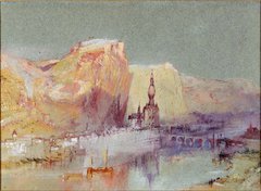A watercolour painting showing the French town of Dinant, with mountain ranges, river, cathedral and bridge in sunset colour palette.