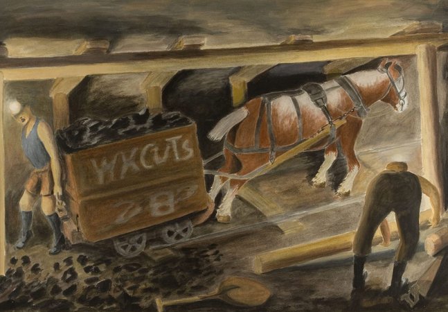 Painting of a coal mine, a horse is pulling a cart of coal and two men are working 