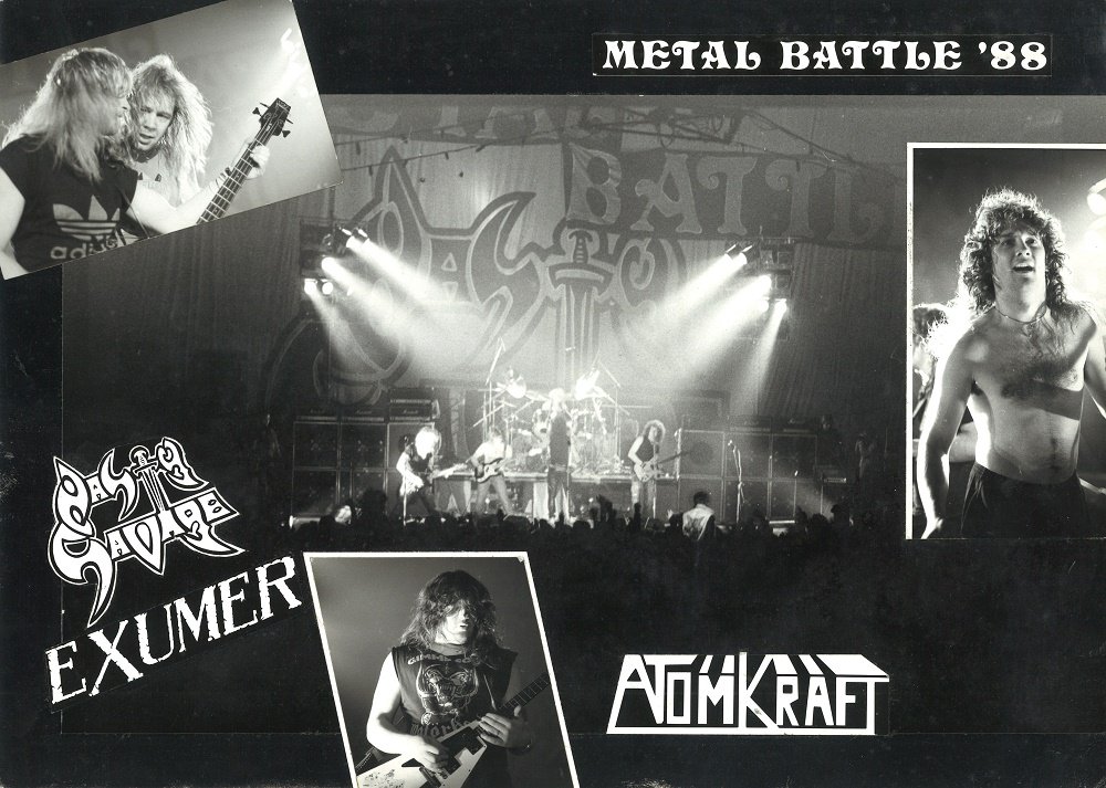 A collage of heavy metal black and white concert photographs, including guitar players and stage lights