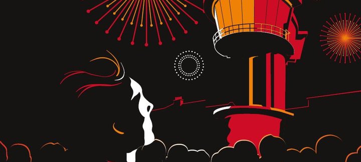 A graphic design of fireworks above Segedunum's viewing tower 