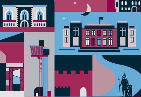 illustrations of museum and gallery building exteriors in blues, pinks and purples
