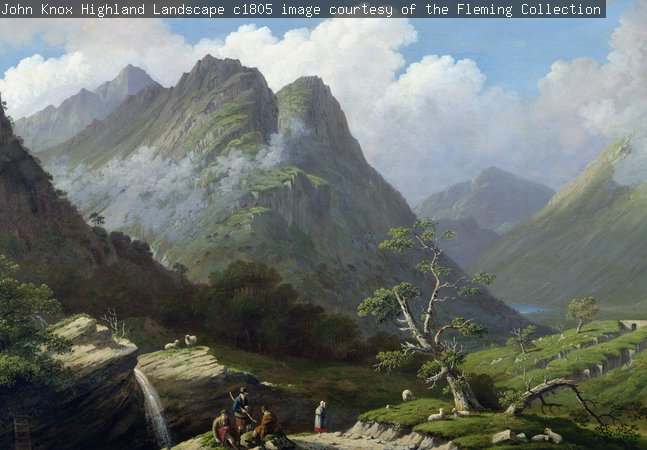 A painting of dramatic mountains with small figures in the foreground.