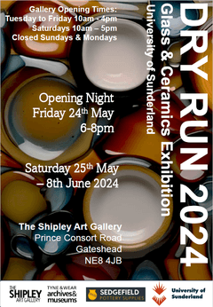 The exhibition poster with bits of fused glass in the backdrop