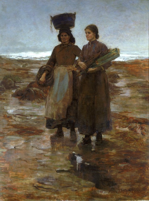 A painting of two women on the seashore.