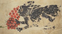 Textile showing a hare eating fruit