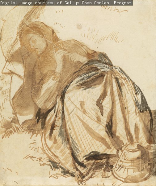A drawing of a woman wearing a long dress, reclining outside on grass. She holds a parasol to shield her face and her bonnet rests at her feet.