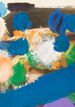 An abstract painting, made up of painted colourful lines, circles and shapes.