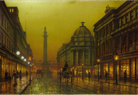 A painting of Grainger Street, Newcastle upon Tyne showing a horse and cart