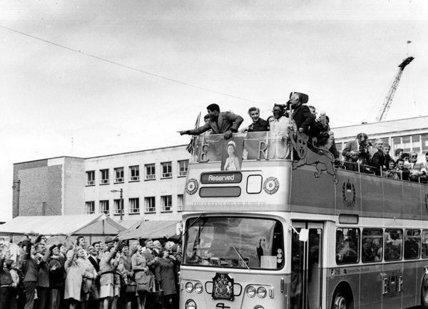 Muhammad Ali on an open top bus at South Shields Market Place, 1977. 