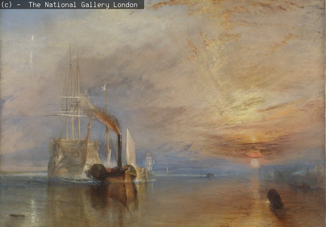 Oil painting by William Turner, showing a ship at sunset being tugged by two steam boats.