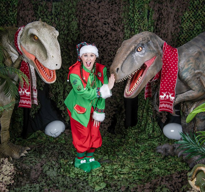 An elf stands between two dinosaurs with mouths open wearing christmas scarfs