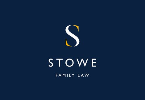A letter S and the words Stowe Family Law on a navy blue background