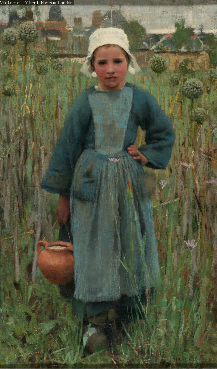 A young girl stood in a field in blue clothes carrying a jar