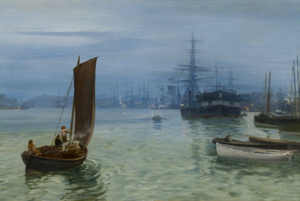 Painting, oil on canvas, entitled 'The Last Boat In', by the artist Charles Napier Hemy