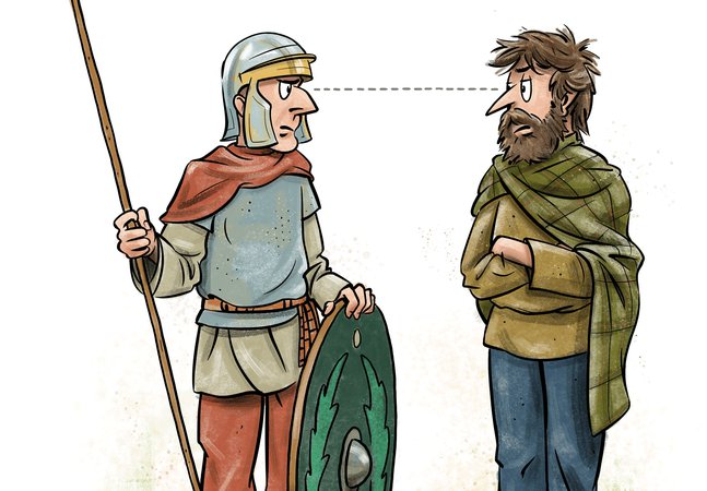 cartoon of native Briton and Roman soldier