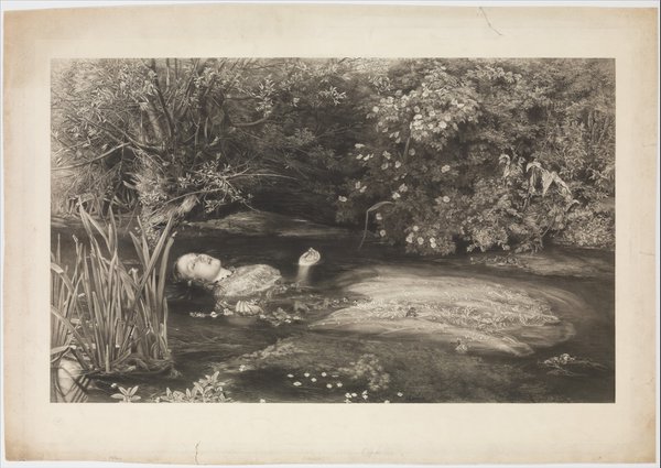 A black and white mezzotint of Millais’s Ophelia shows a woman in a full length dress floating on a river surrounded by foliage and flowers.