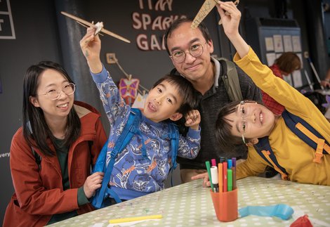 Family in Play + Invent space at Discovery Museum