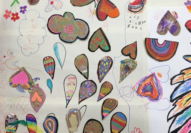 A selection of colourful hearts and raindrops.