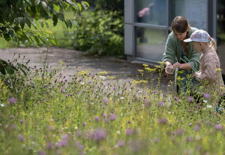 A woman and child are looking at a glass jar next to a bed of flowers