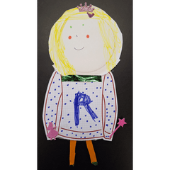 A photograph of a self portrait made by a young visitor. The subject has blonde hair and wears a tiara.