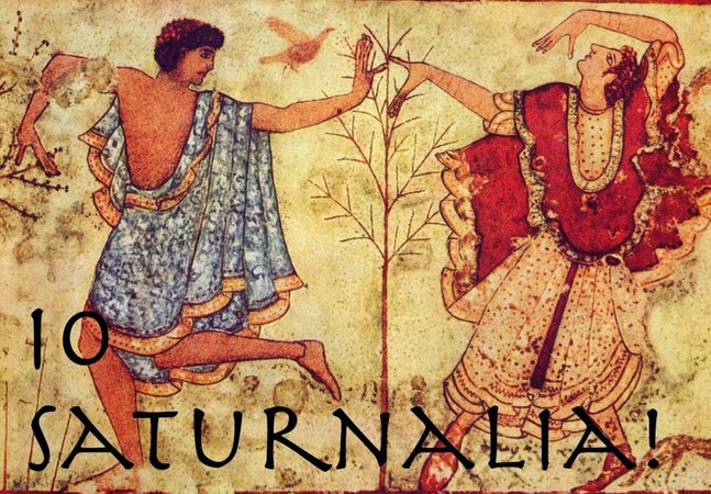Painting of two people dancing at Saturnalia the ancient Roman celebration.