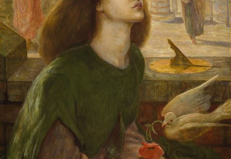 An oil painting of Beatrice Portinari at the moment of her death. She has dark brown hair and a bird deposits flowers into her hand.