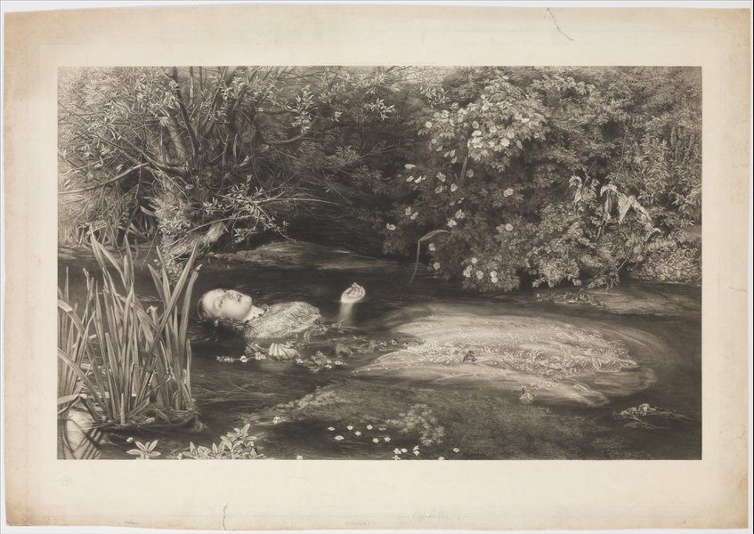 A black and white mezzotint of Millais’s Ophelia shows a woman in a full length dress floating on a river surrounded by foliage and flowers.