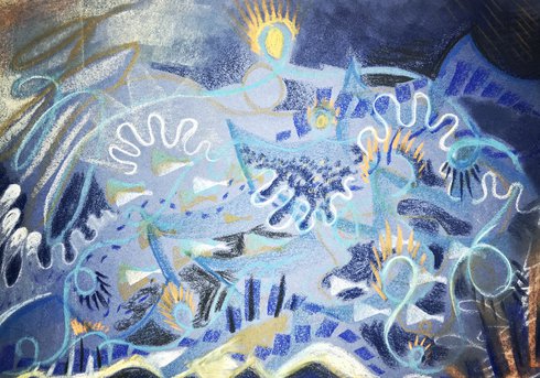 blue squiggle pastel drawing