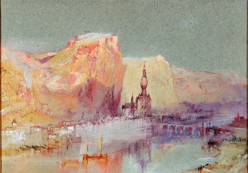 A watercolour of a city on a river done in shades of pink, purple, yellow, and orange