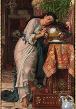 A painting of a woman with long dark hair holding a large pot of basil.