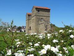 White rose bushes with Roman style gatehouse in the background