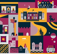 Illustrations of museum and gallery buildings, a T rex, Billy the steam Engine - all in bright orange, magenta and dark blue , 