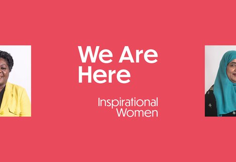 Pink background white text saying We Are Here: Inspirational Women. Two photos of two women on either side of text 