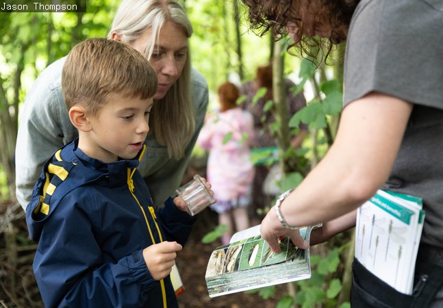Child and parent holding a bug hunt tray and exploring their findings