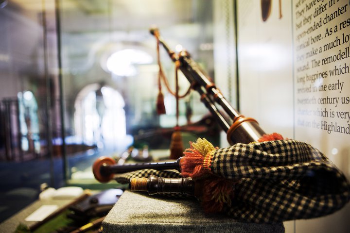 A close up of bagpipes on display