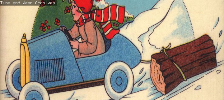 Illustration of a young woman driving a car through the snow