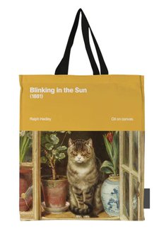 Tote bag with picture of a painting featuring a sitting cat between potted plants