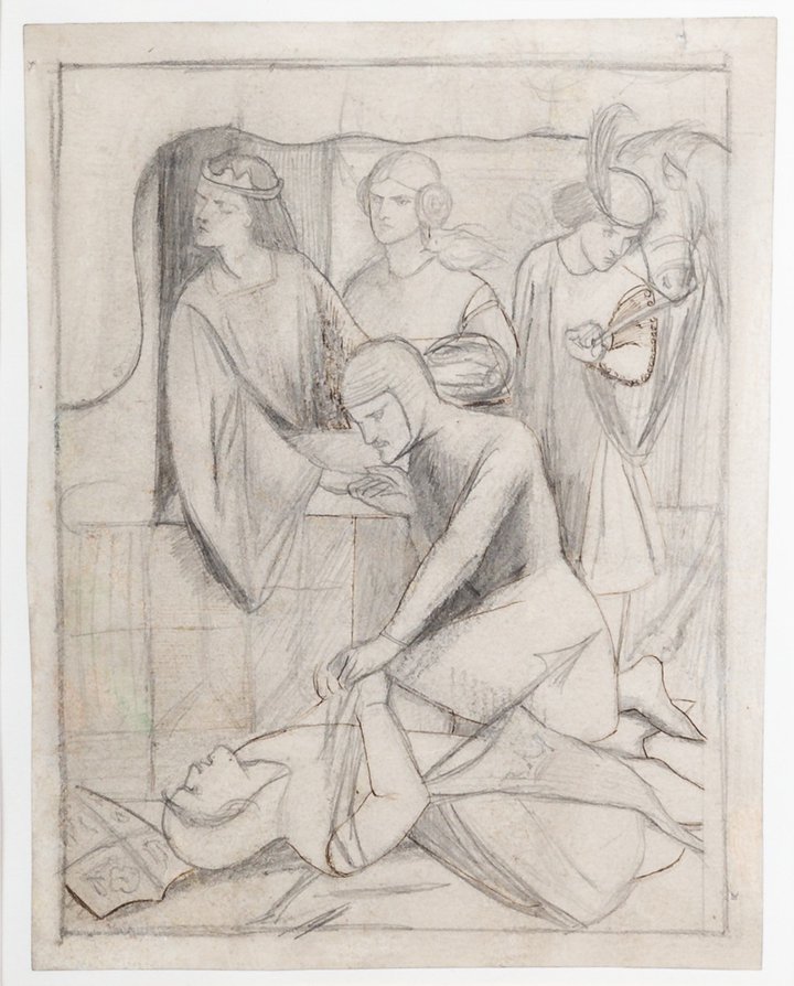 A sketch of a tournament where one person is dead on the floor with another kneeling above. There are other figures in the background.