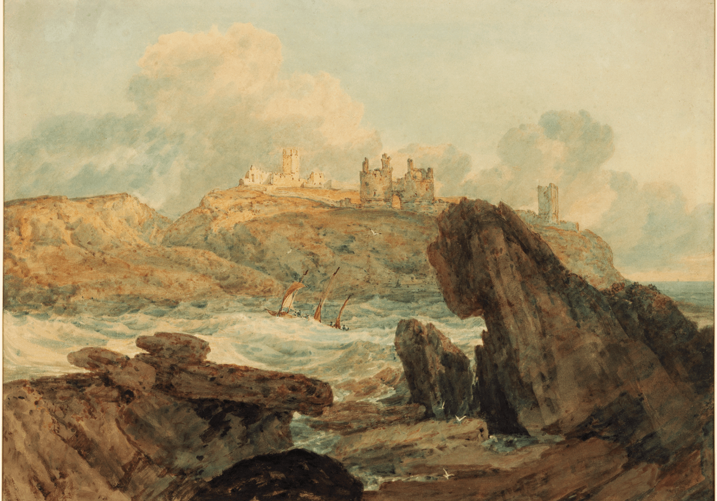 A watercolour of a castle on a cliff top overlooking the water, which has a small ship in it