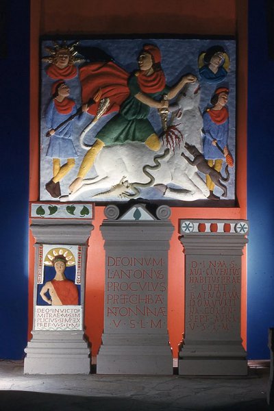 A reconstruction of Mithraic stonework from Carrawburgh giving an impression of how the original Roman paintwork might have looked. The altar of Marcus Simplicius Simplex is on the left